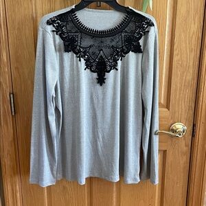 Elegant Gray Top with Black Lace Detail
